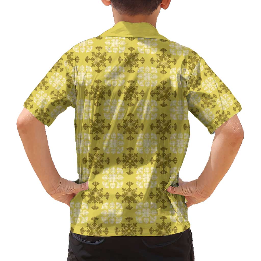 Yellow Hawaiian Quilt Kid Hawaiian Shirt Hawaii Pineapple Monstera Palaka Motifs - Polynesian Pride