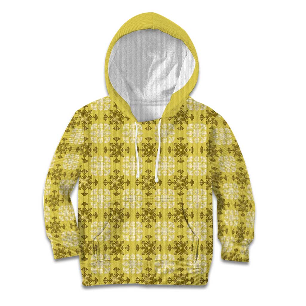 Yellow Hawaiian Quilt Kid Hoodie Hawaii Pineapple Monstera Palaka Motifs - Polynesian Pride