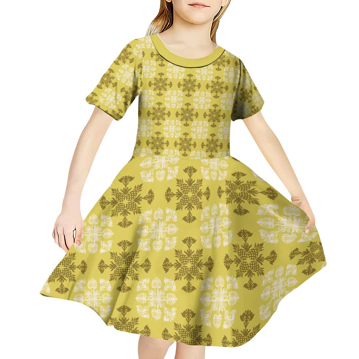 Yellow Hawaiian Quilt Kid Short Sleeve Dress Hawaii Pineapple Monstera Palaka Motifs - Polynesian Pride