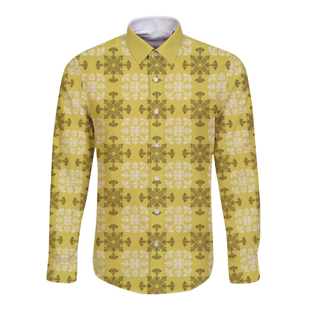 Yellow Hawaiian Quilt Long Sleeve Button Shirt Hawaii Pineapple Monstera Palaka Motifs - Polynesian Pride