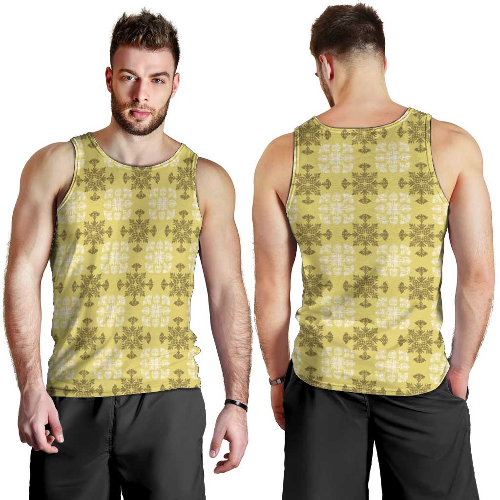 Yellow Hawaiian Quilt Men Tank Top Hawaii Pineapple Monstera Palaka Motifs - Polynesian Pride