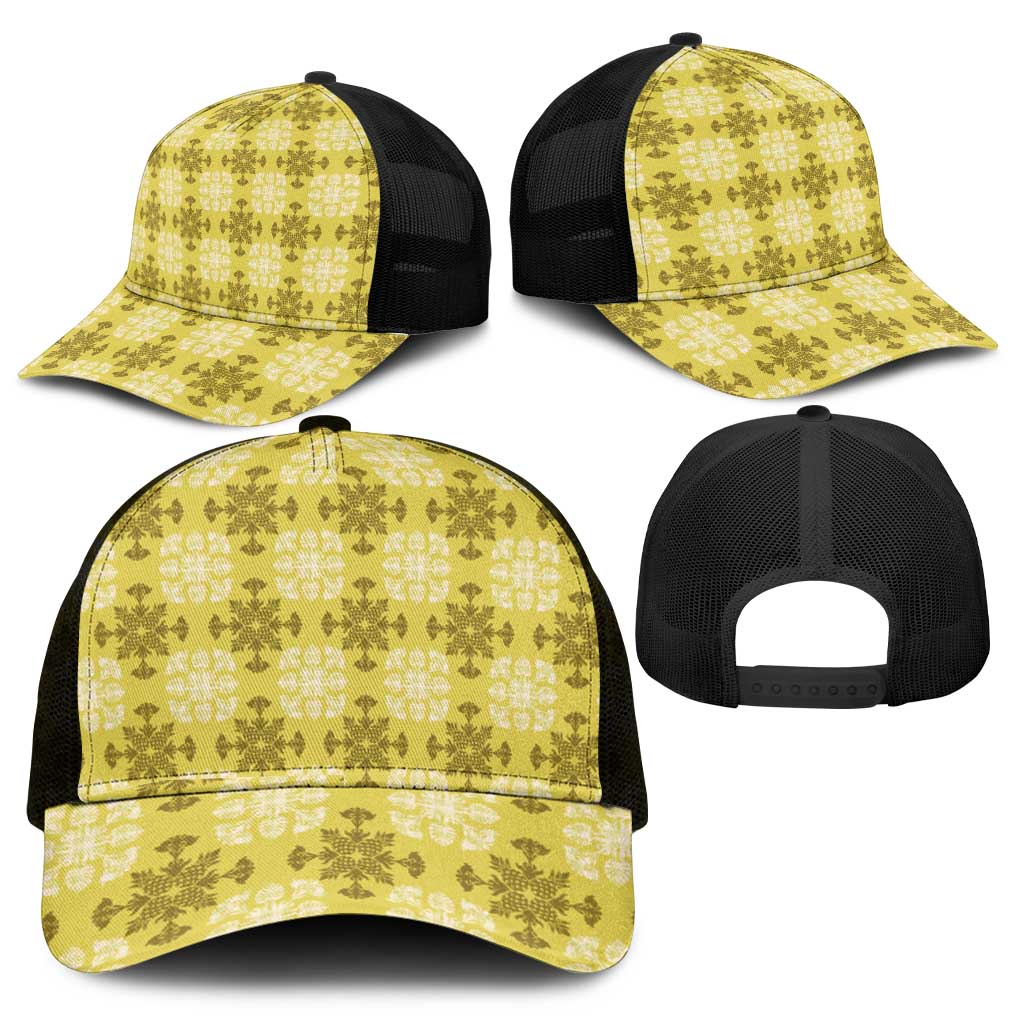 Yellow Hawaiian Quilt Mesh Trucker Cap Hawaii Pineapple Monstera Palaka Motifs - Polynesian Pride