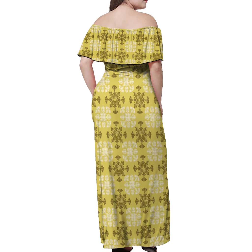 Yellow Hawaiian Quilt Off Shoulder Maxi Dress Hawaii Pineapple Monstera Palaka Motifs - Polynesian Pride