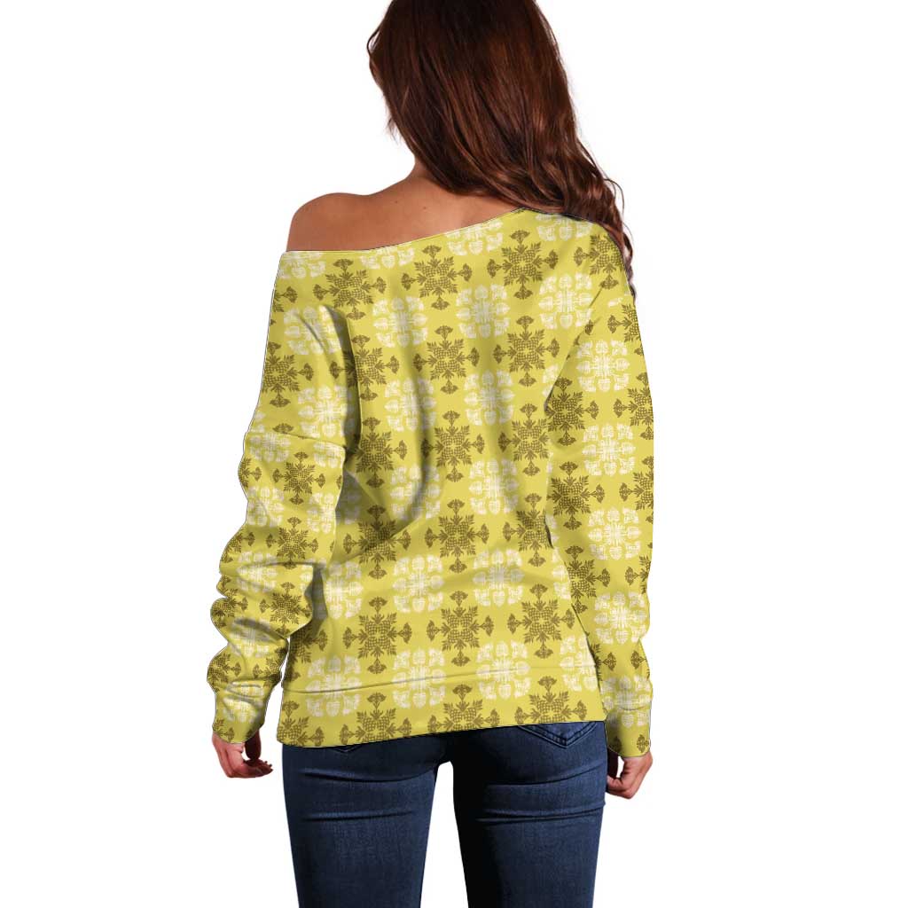 Yellow Hawaiian Quilt Off Shoulder Sweater Hawaii Pineapple Monstera Palaka Motifs - Polynesian Pride