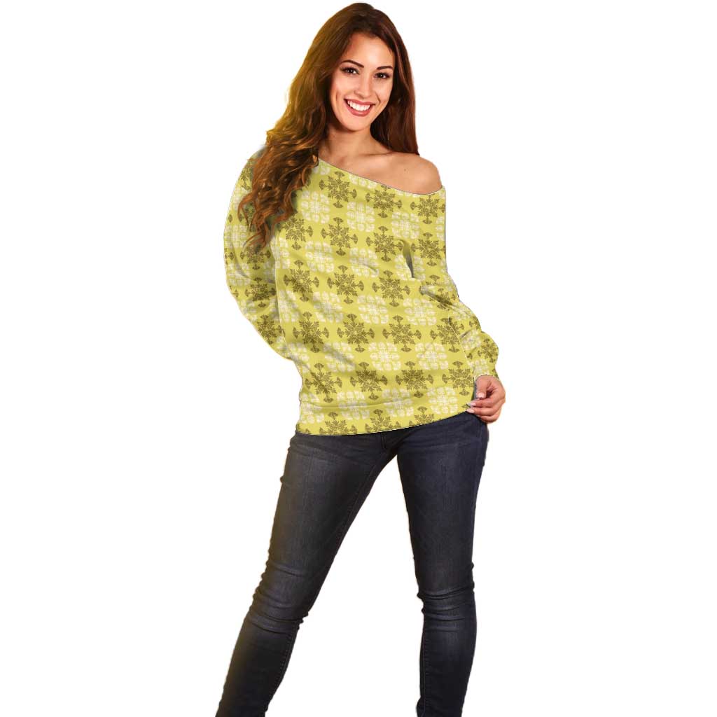 Yellow Hawaiian Quilt Off Shoulder Sweater Hawaii Pineapple Monstera Palaka Motifs - Polynesian Pride