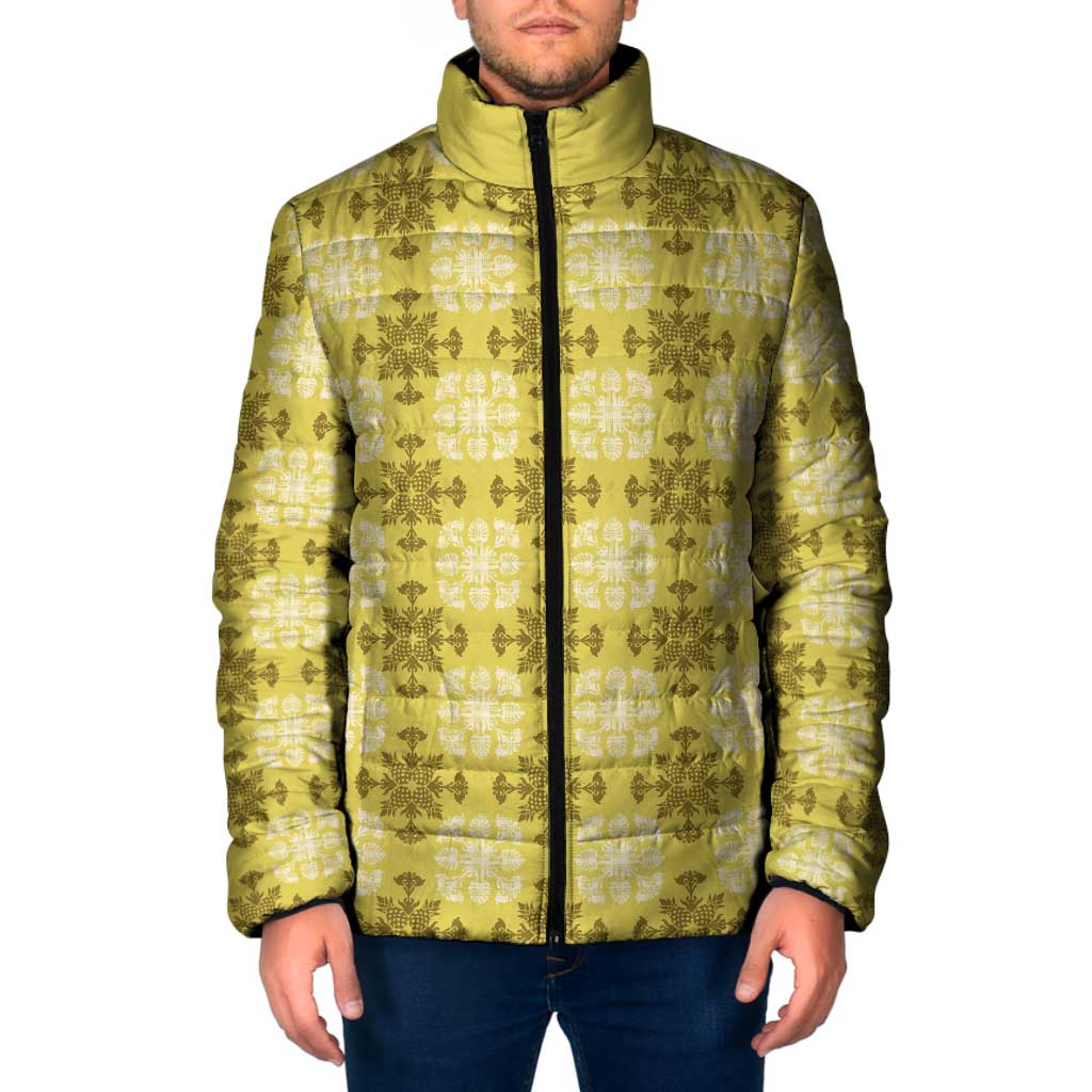 Yellow Hawaiian Quilt Padded Jacket Hawaii Pineapple Monstera Palaka Motifs - Polynesian Pride