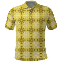 Yellow Hawaiian Quilt Polo Shirt Hawaii Pineapple Monstera Palaka Motifs - Polynesian Pride