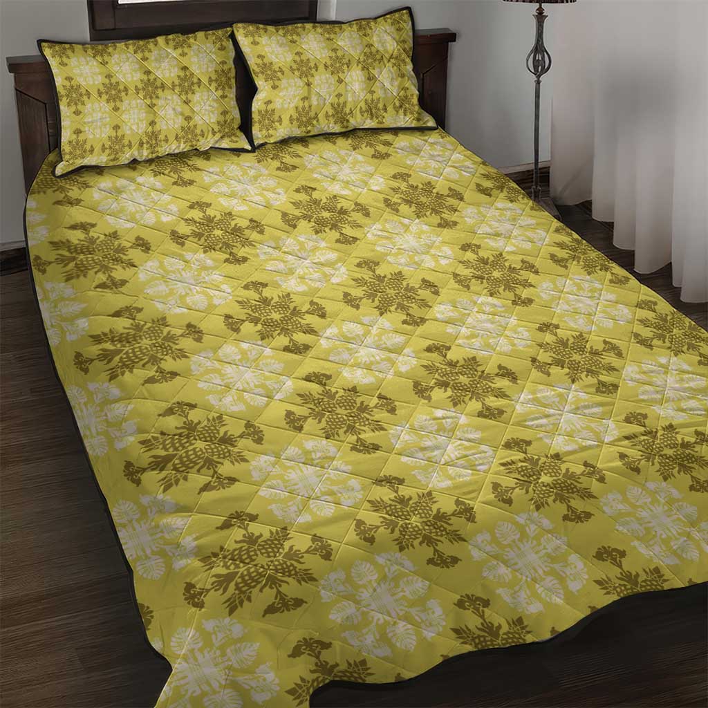 Yellow Hawaiian Quilt Quilt Bed Set Hawaii Pineapple Monstera Palaka Motifs - Polynesian Pride
