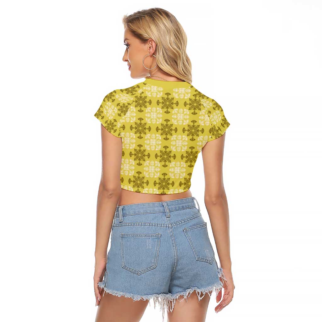 Yellow Hawaiian Quilt Raglan Cropped T Shirt Hawaii Pineapple Monstera Palaka Motifs - Polynesian Pride