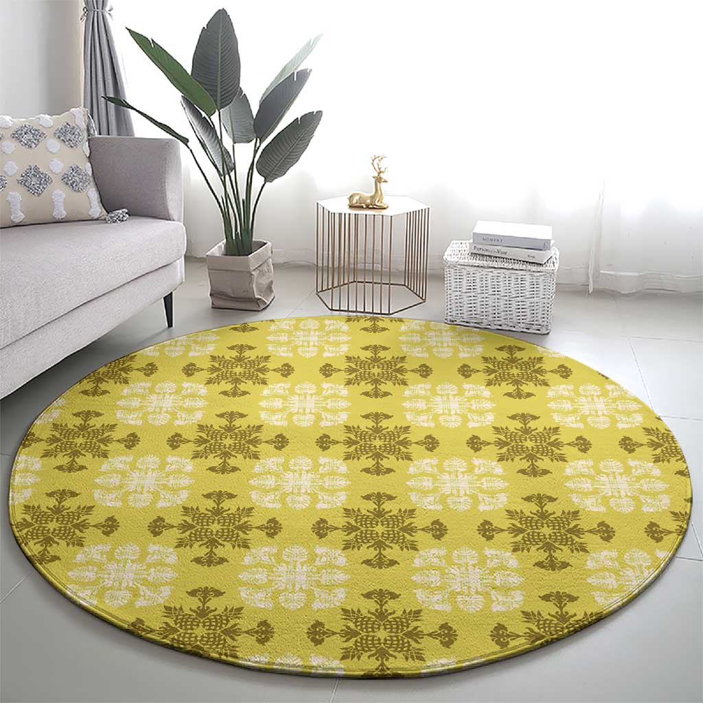Yellow Hawaiian Quilt Round Carpet Hawaii Pineapple Monstera Palaka Motifs - Polynesian Pride