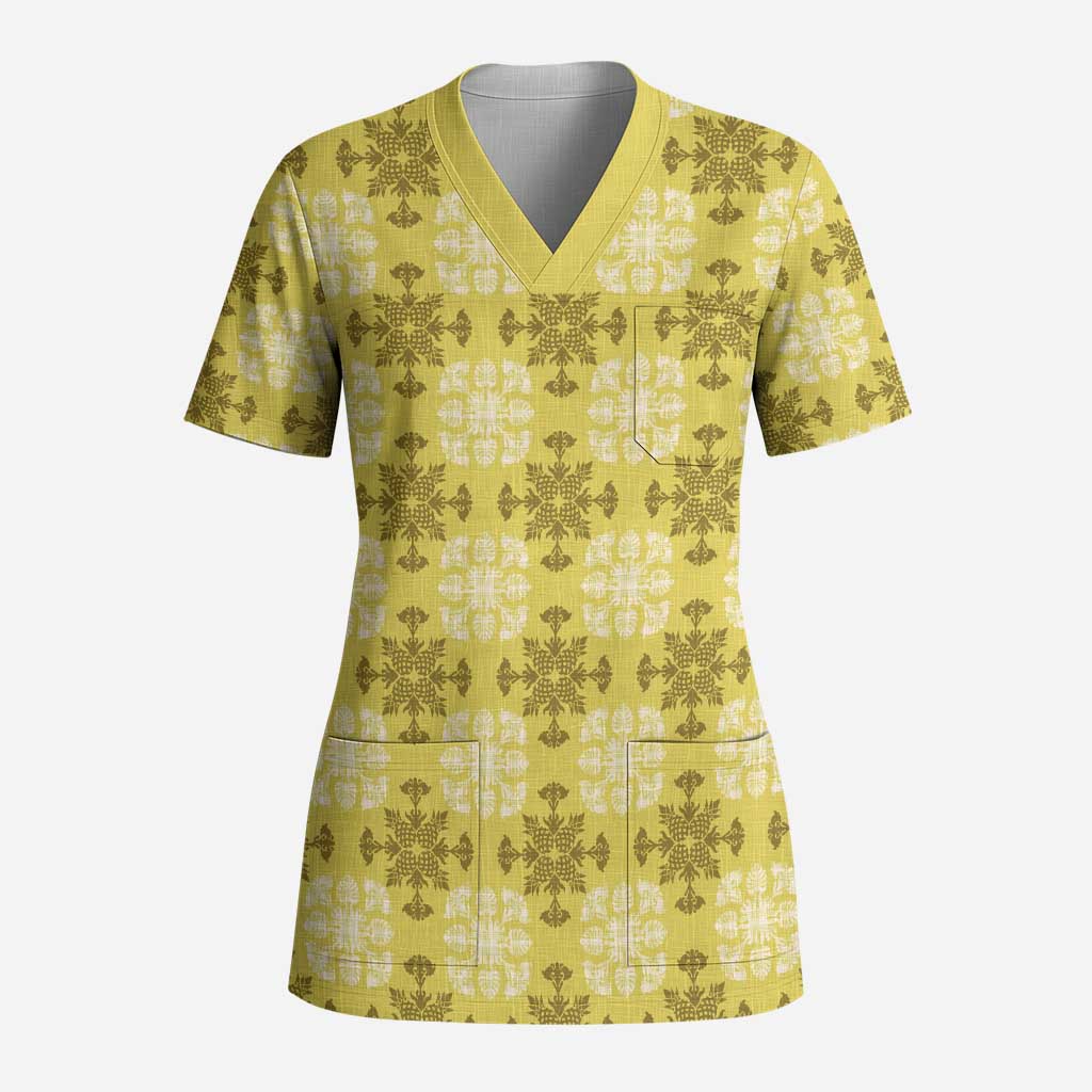 Yellow Hawaiian Quilt Scrub Top Hawaii Pineapple Monstera Palaka Motifs - Polynesian Pride
