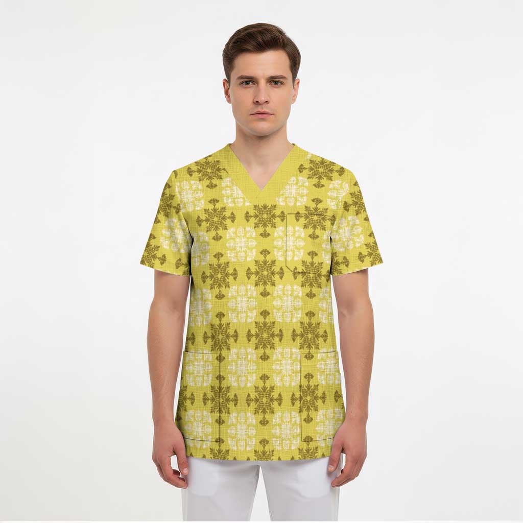 Yellow Hawaiian Quilt Scrub Top Hawaii Pineapple Monstera Palaka Motifs - Polynesian Pride