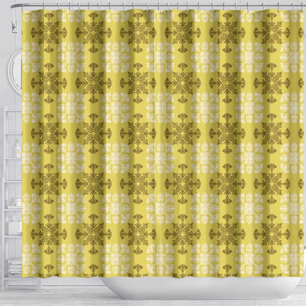 Yellow Hawaiian Quilt Shower Curtain Hawaii Pineapple Monstera Palaka Motifs - Polynesian Pride