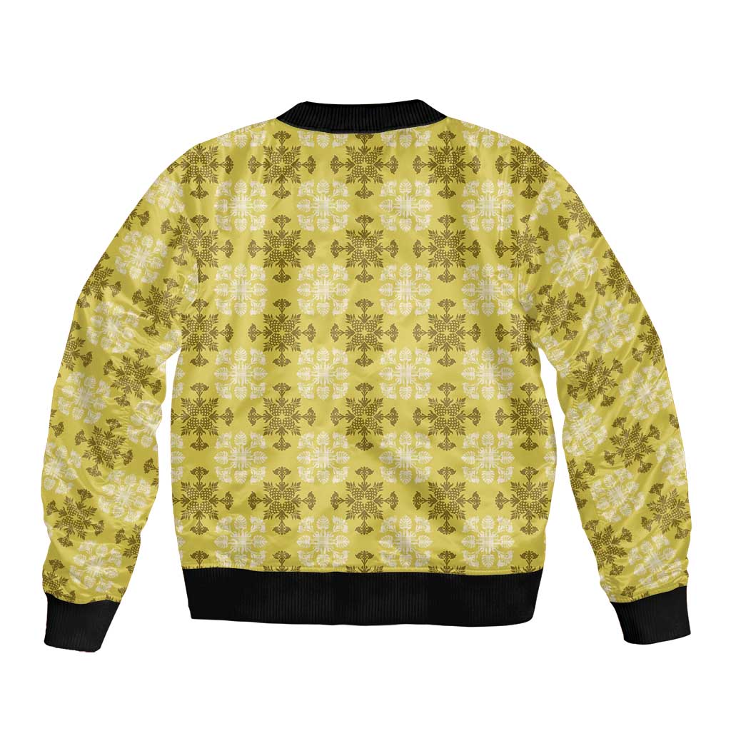 Yellow Hawaiian Quilt Sleeve Zip Bomber Jacket Hawaii Pineapple Monstera Palaka Motifs - Polynesian Pride