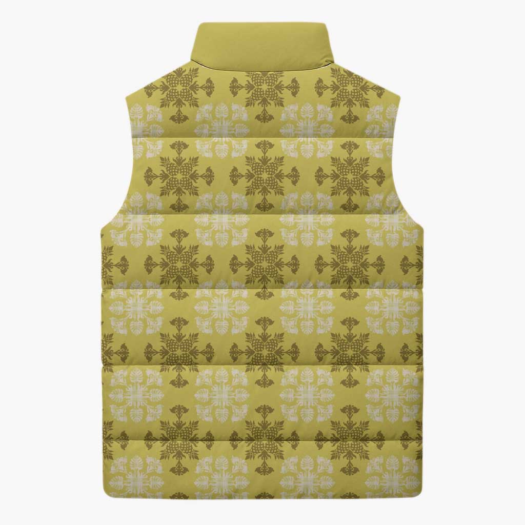 Yellow Hawaiian Quilt Sleeveless Puffer Jacket Hawaii Pineapple Monstera Palaka Motifs - Polynesian Pride