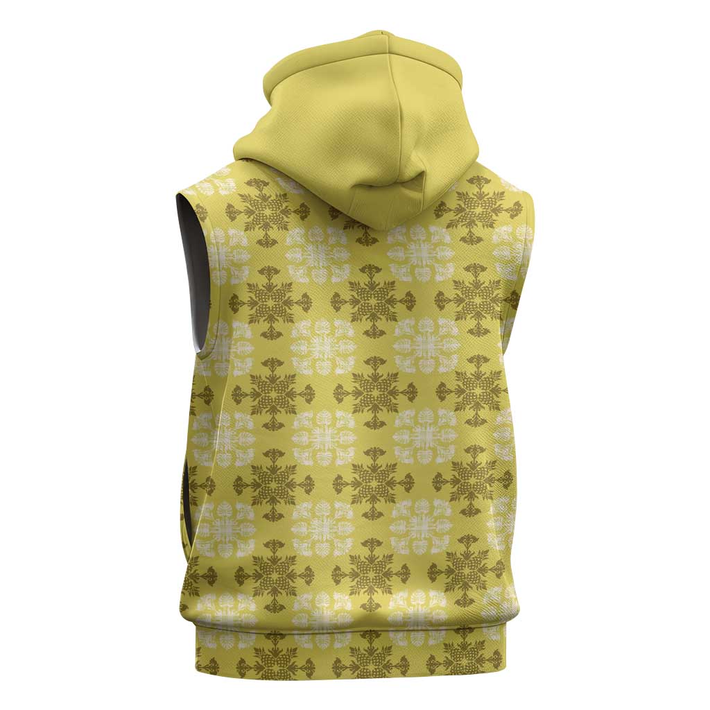 Yellow Hawaiian Quilt Sleeveless Zip Hoodie Hawaii Pineapple Monstera Palaka Motifs - Polynesian Pride