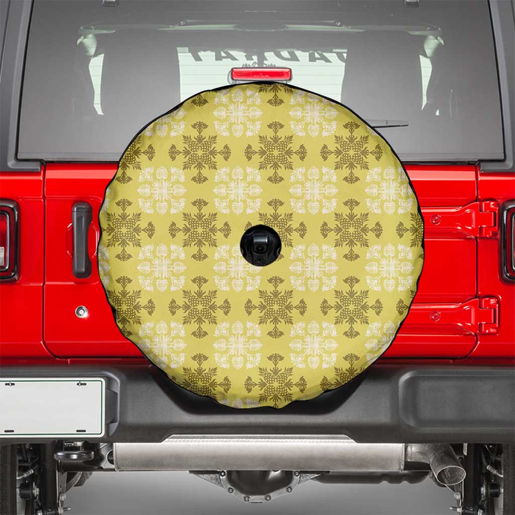 Yellow Hawaiian Quilt Spare Tire Cover Hawaii Pineapple Monstera Palaka Motifs - Polynesian Pride