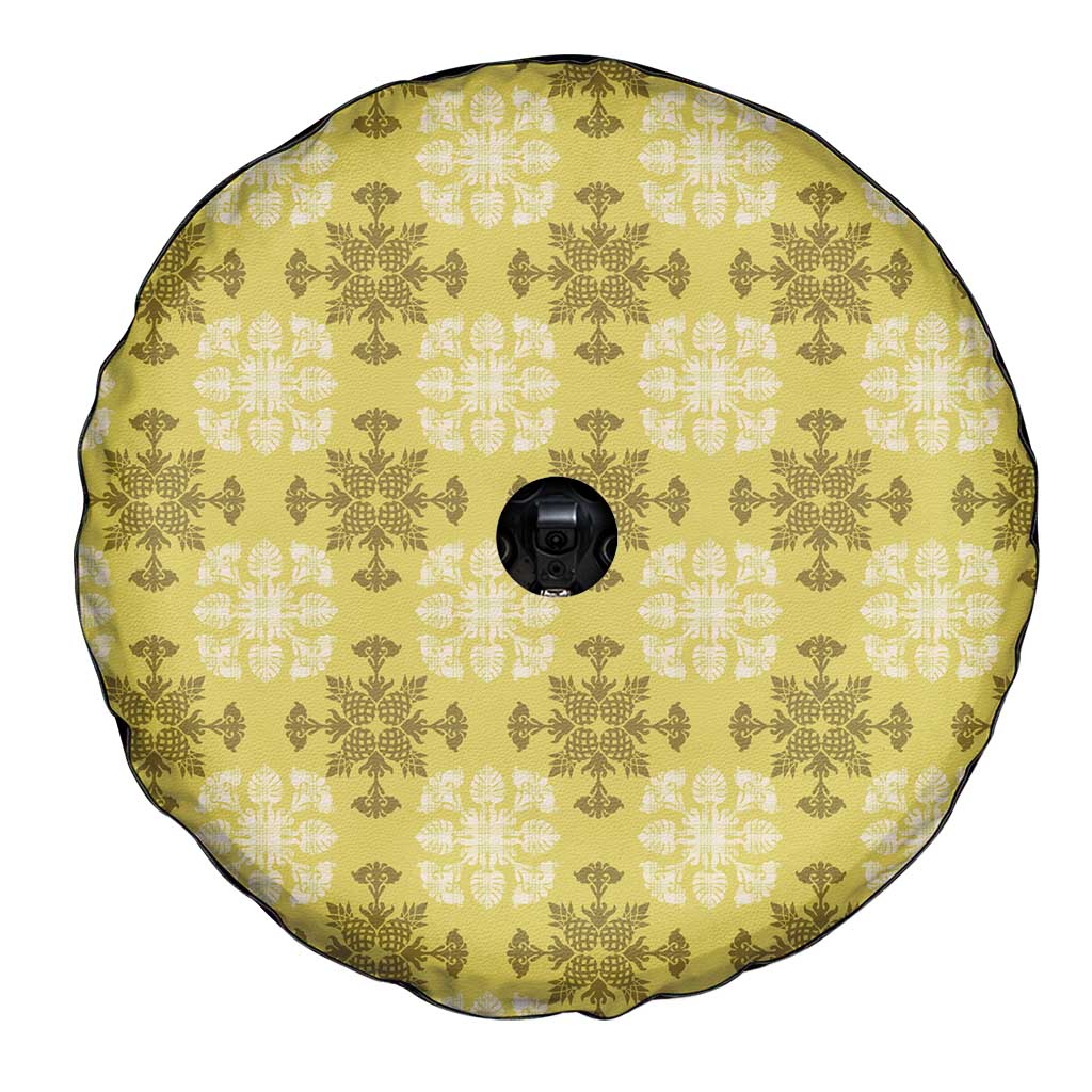 Yellow Hawaiian Quilt Spare Tire Cover Hawaii Pineapple Monstera Palaka Motifs - Polynesian Pride