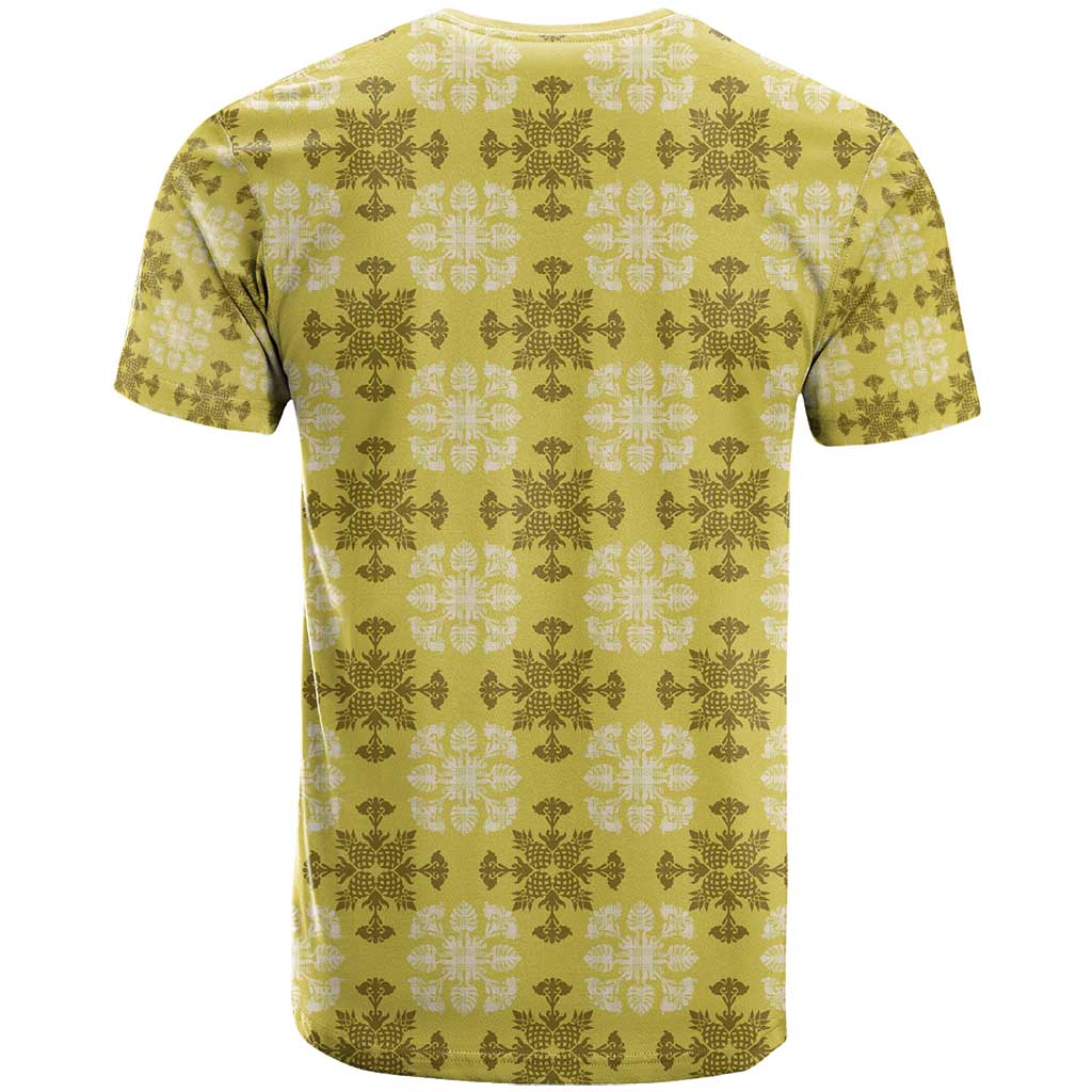 Yellow Hawaiian Quilt T Shirt Hawaii Pineapple Monstera Palaka Motifs - Polynesian Pride