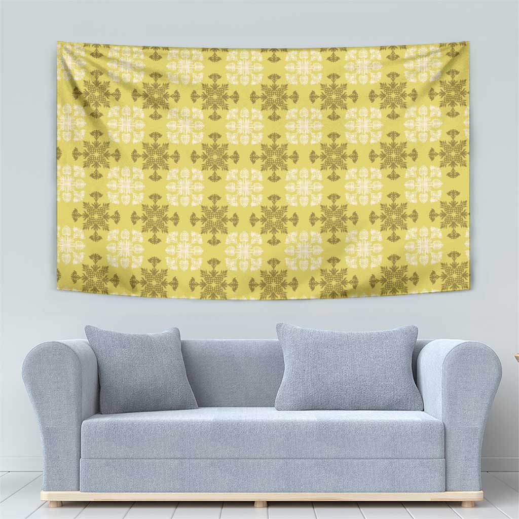 Yellow Hawaiian Quilt Tapestry Hawaii Pineapple Monstera Palaka Motifs - Polynesian Pride