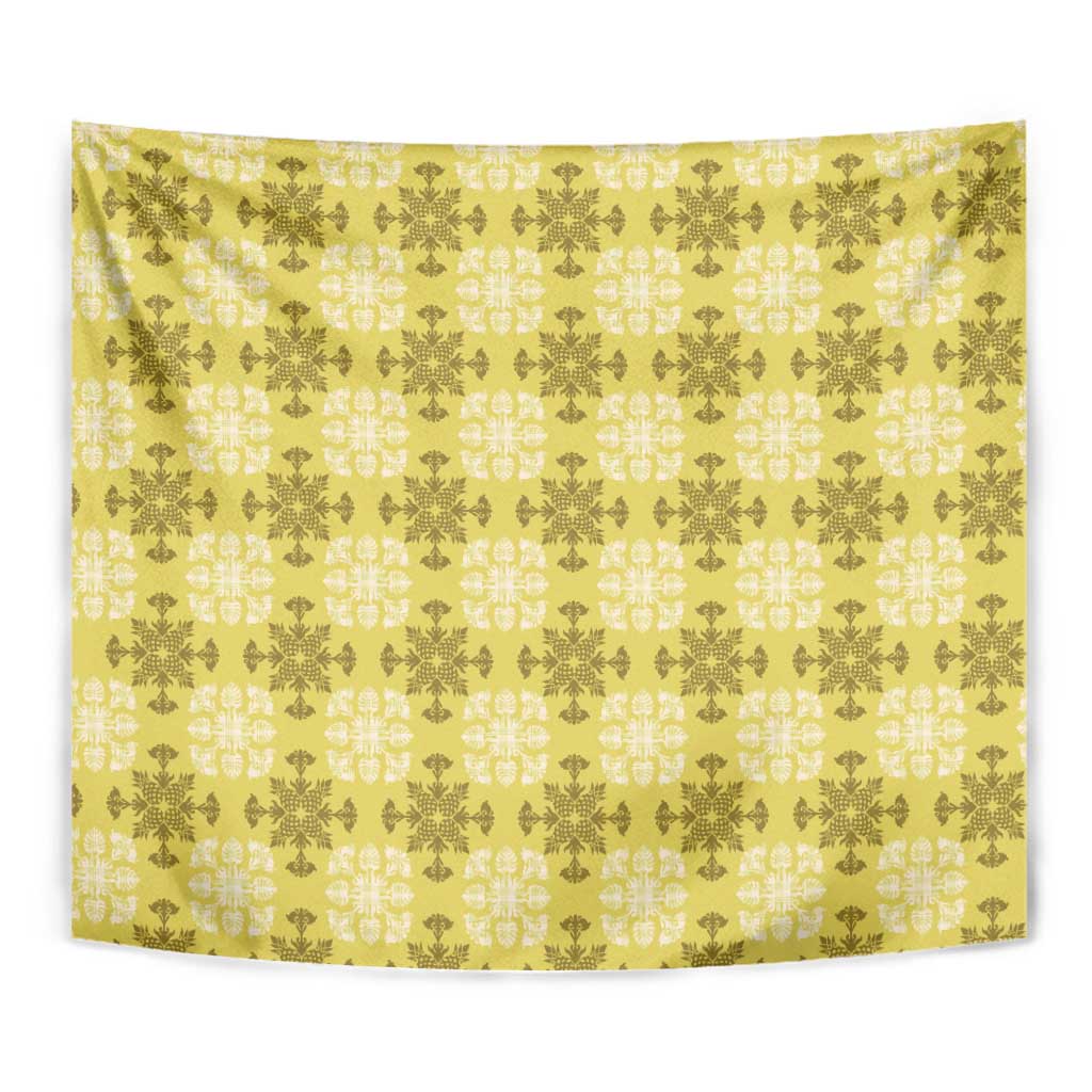 Yellow Hawaiian Quilt Tapestry Hawaii Pineapple Monstera Palaka Motifs - Polynesian Pride