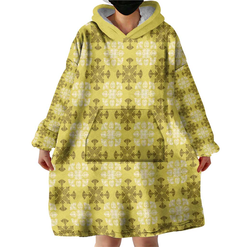 Yellow Hawaiian Quilt Wearable Blanket Hoodie Hawaii Pineapple Monstera Palaka Motifs - Polynesian Pride