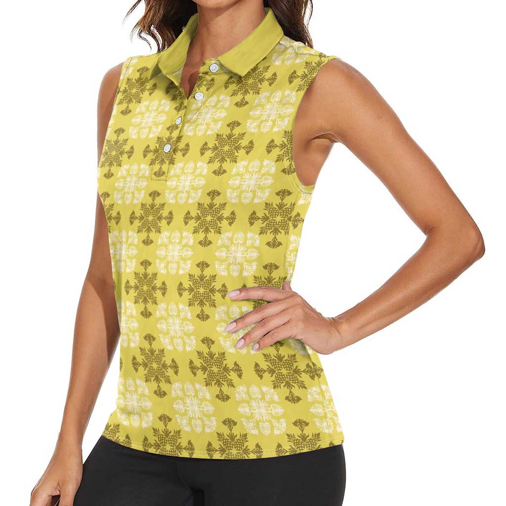 Yellow Hawaiian Quilt Women Sleeveless Polo Shirt Hawaii Pineapple Monstera Palaka Motifs - Polynesian Pride