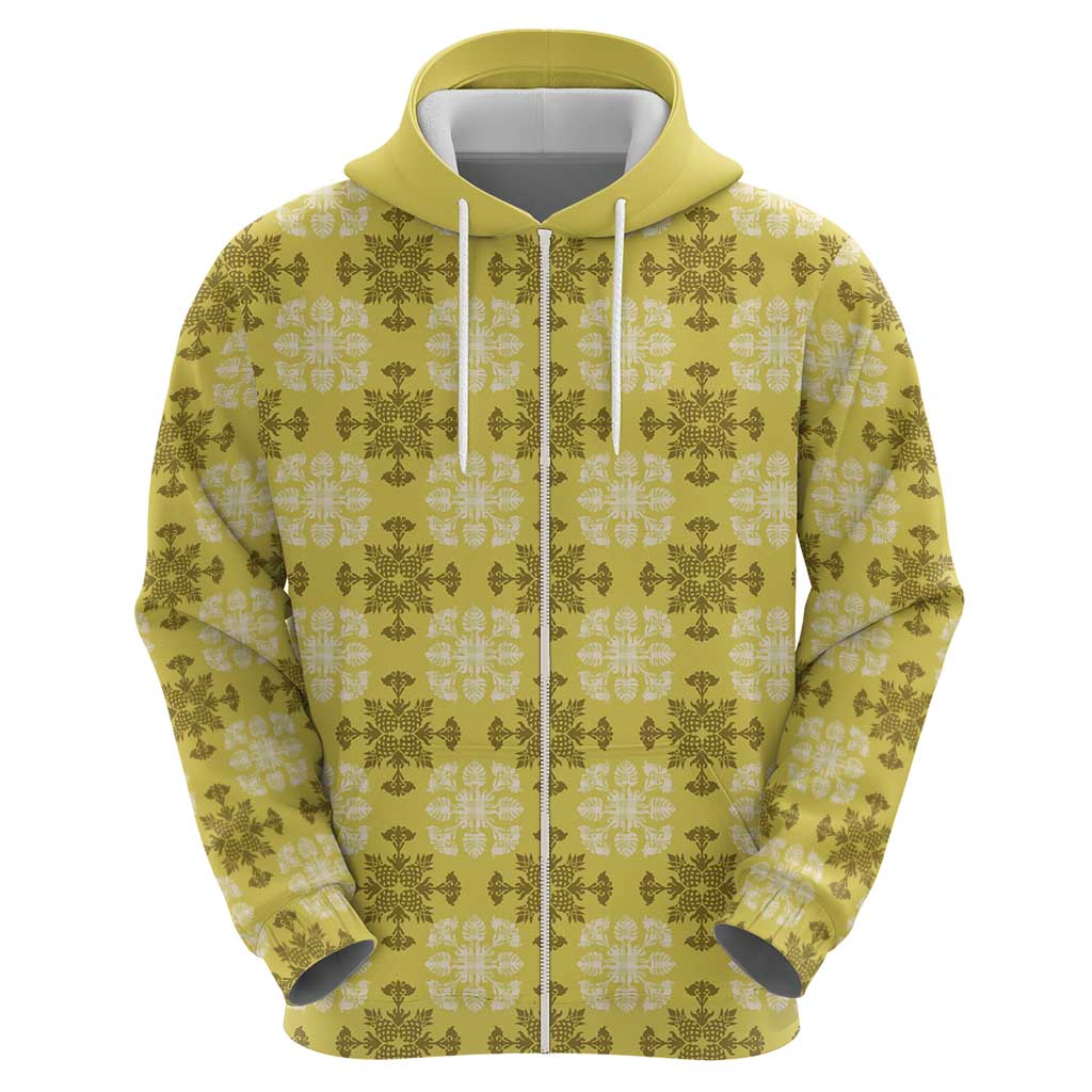 Yellow Hawaiian Quilt Zip Hoodie Hawaii Pineapple Monstera Palaka Motifs - Polynesian Pride