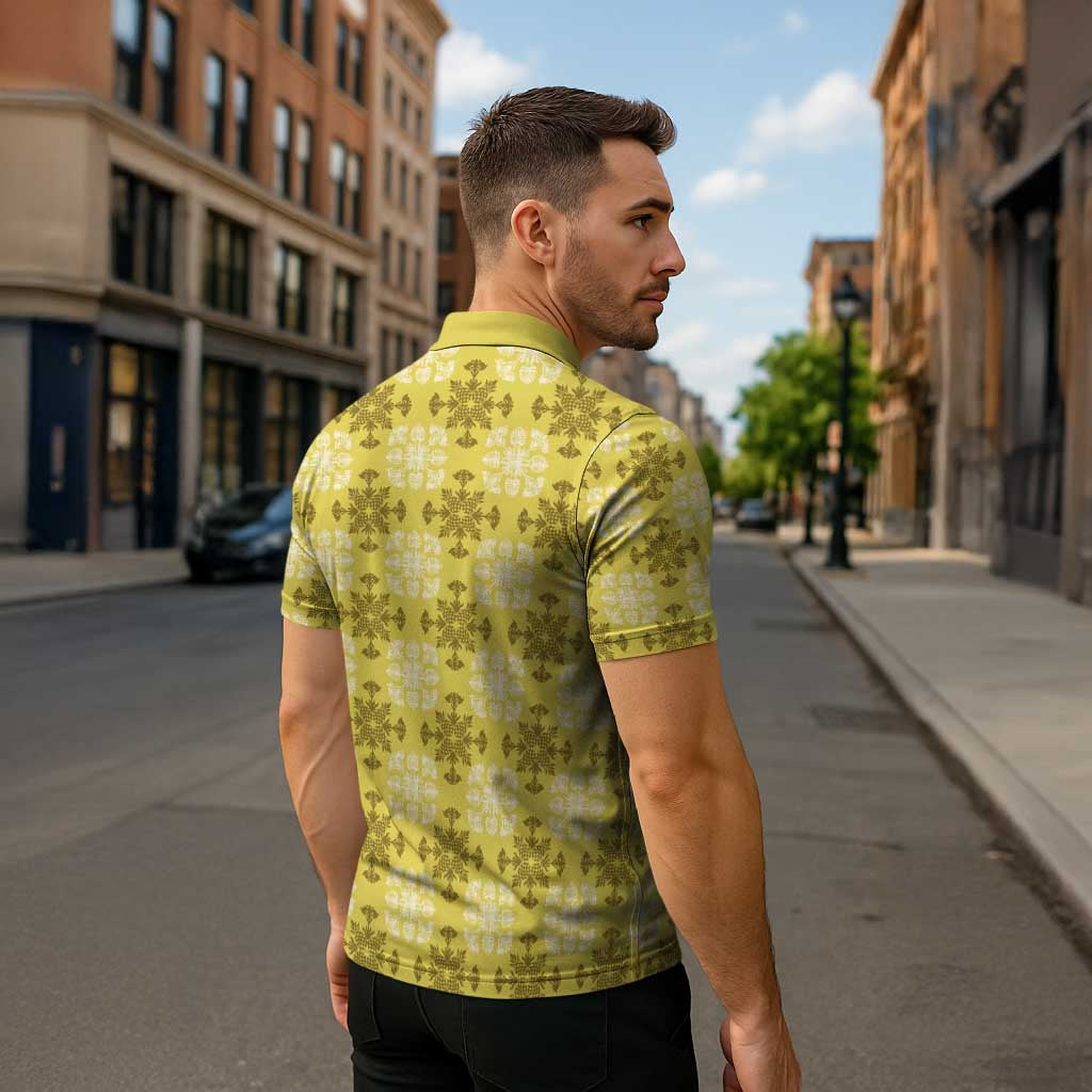 Yellow Hawaiian Quilt Zipper Polo Shirt Hawaii Pineapple Monstera Palaka Motifs - Polynesian Pride