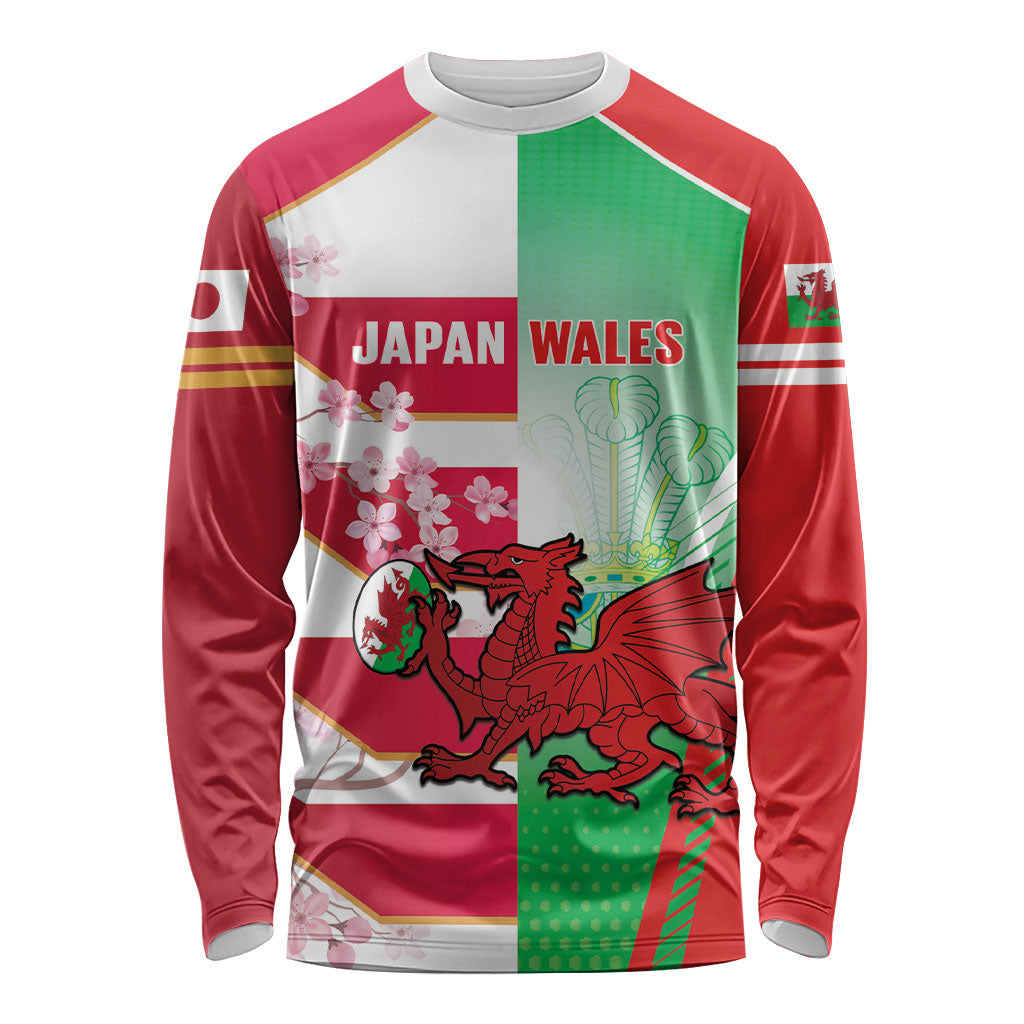 Japan and Wales Rugby Custom Long Sleeve Shirt Brave Blossoms Welsh Dragon Together LT14 Unisex Red - Polynesian Pride