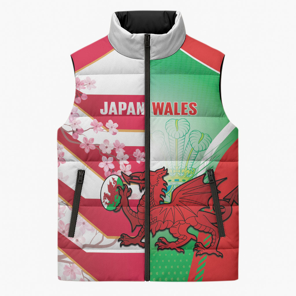 Japan and Wales Rugby Custom Sleeveless Puffer Jacket Brave Blossoms Welsh Dragon Together LT14 Unisex Red - Polynesian Pride