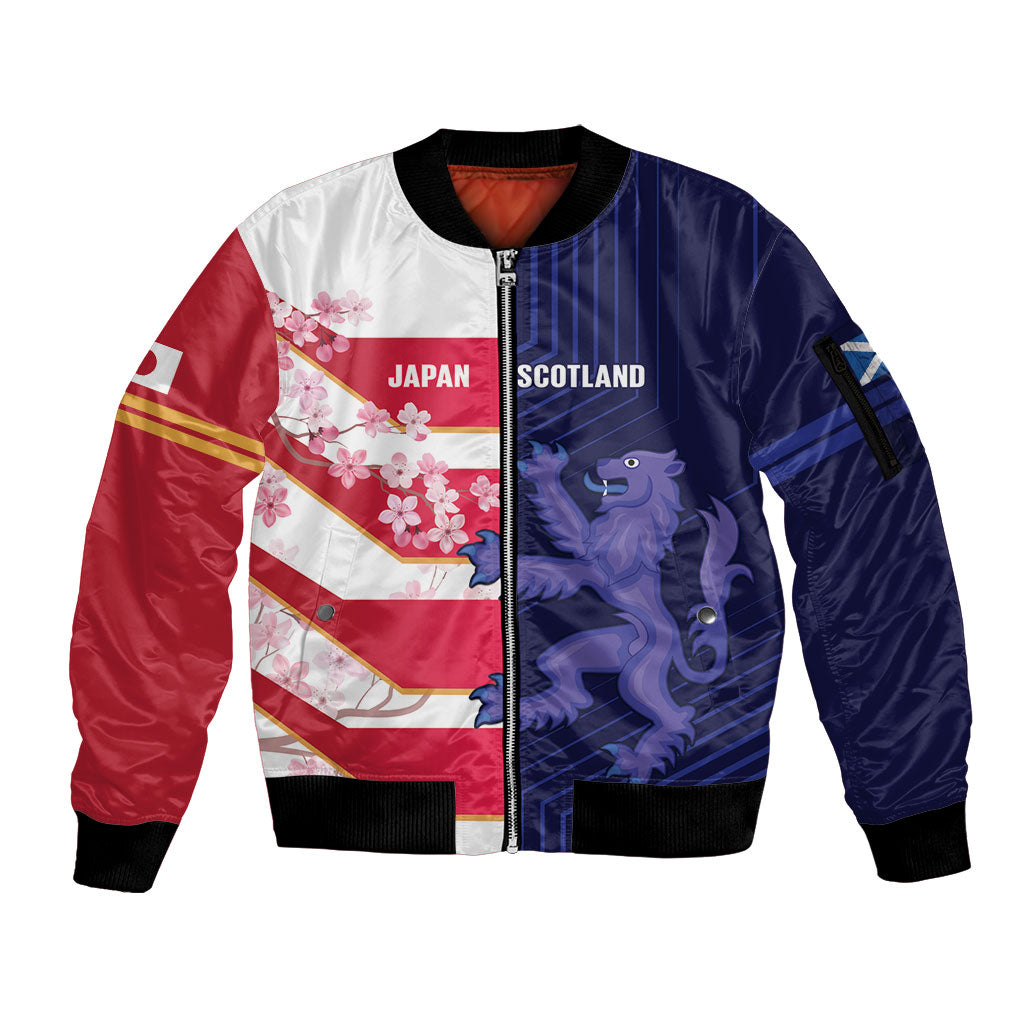 Japan and Scotland Rugby Custom Sleeve Zip Bomber Jacket Brave Blossoms Scottish Thistle Together