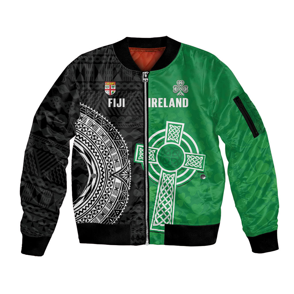 Fiji and Ireland Rugby Custom Sleeve Zip Bomber Jacket Flying Fijian Irish Shamrocks Together