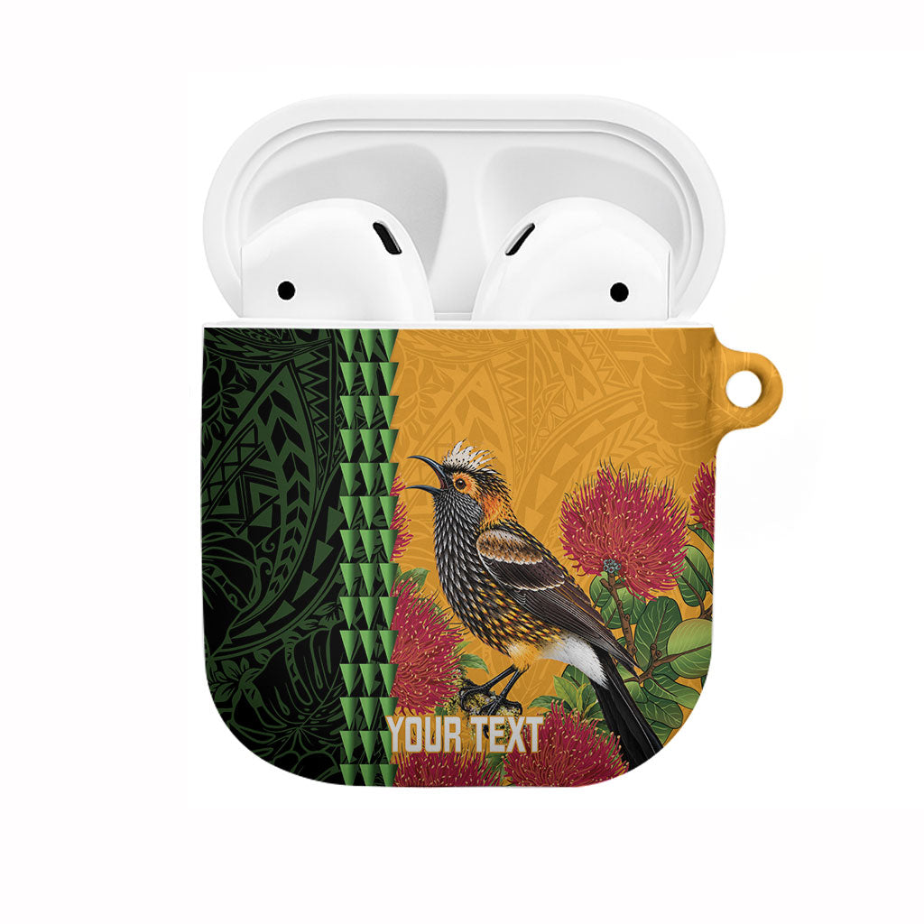 Personalized Hawaii Akohekohe Ohia Lehua AirPods Case Crested Honeycreeper Kakau Hawaiian Pattern LT14 Orange - Polynesian Pride