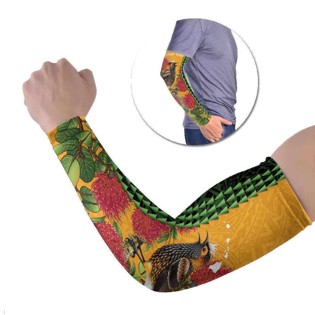 Personalized Hawaii Akohekohe Ohia Lehua Arm Sleeves Crested Honeycreeper Kakau Hawaiian Pattern LT14 Set of 2 Orange - Polynesian Pride