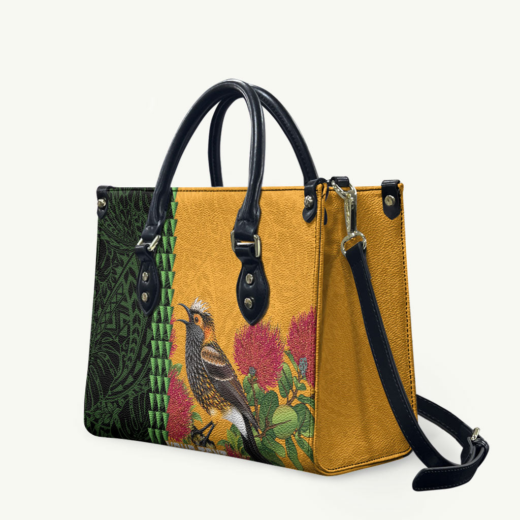 Personalized Hawaii Akohekohe Ohia Lehua Leather Bag Crested Honeycreeper Kakau Hawaiian Pattern