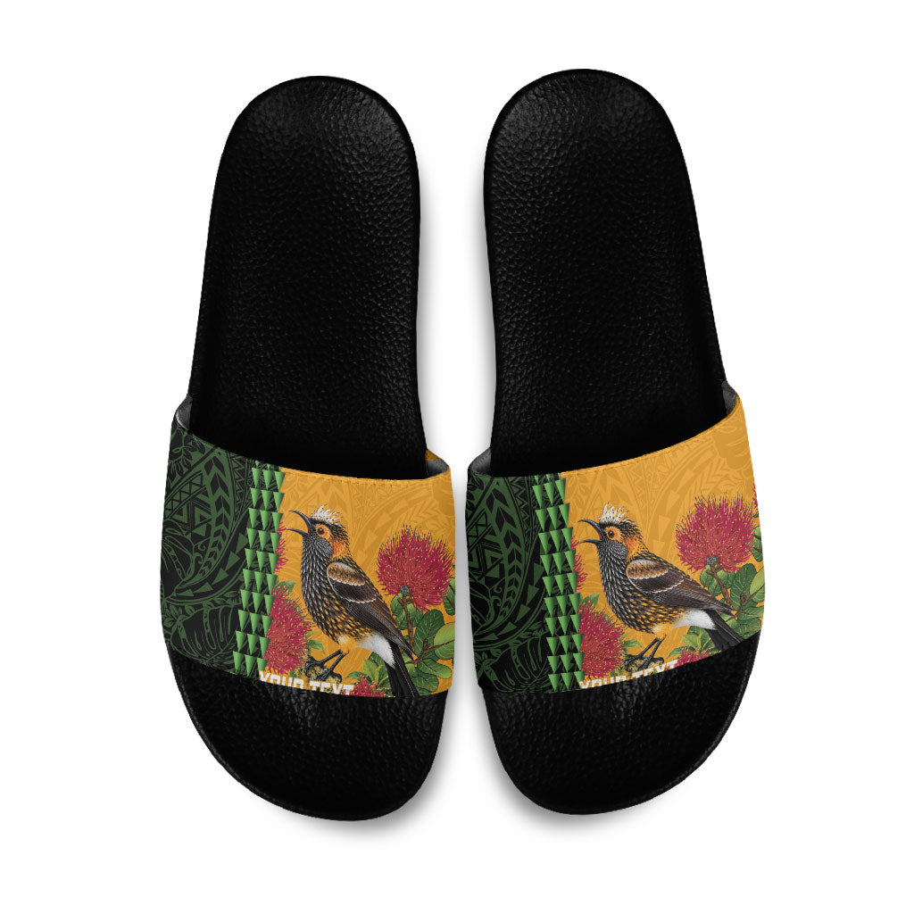 Personalized Hawaii Akohekohe Ohia Lehua Slide Sandals Crested Honeycreeper Kakau Hawaiian Pattern