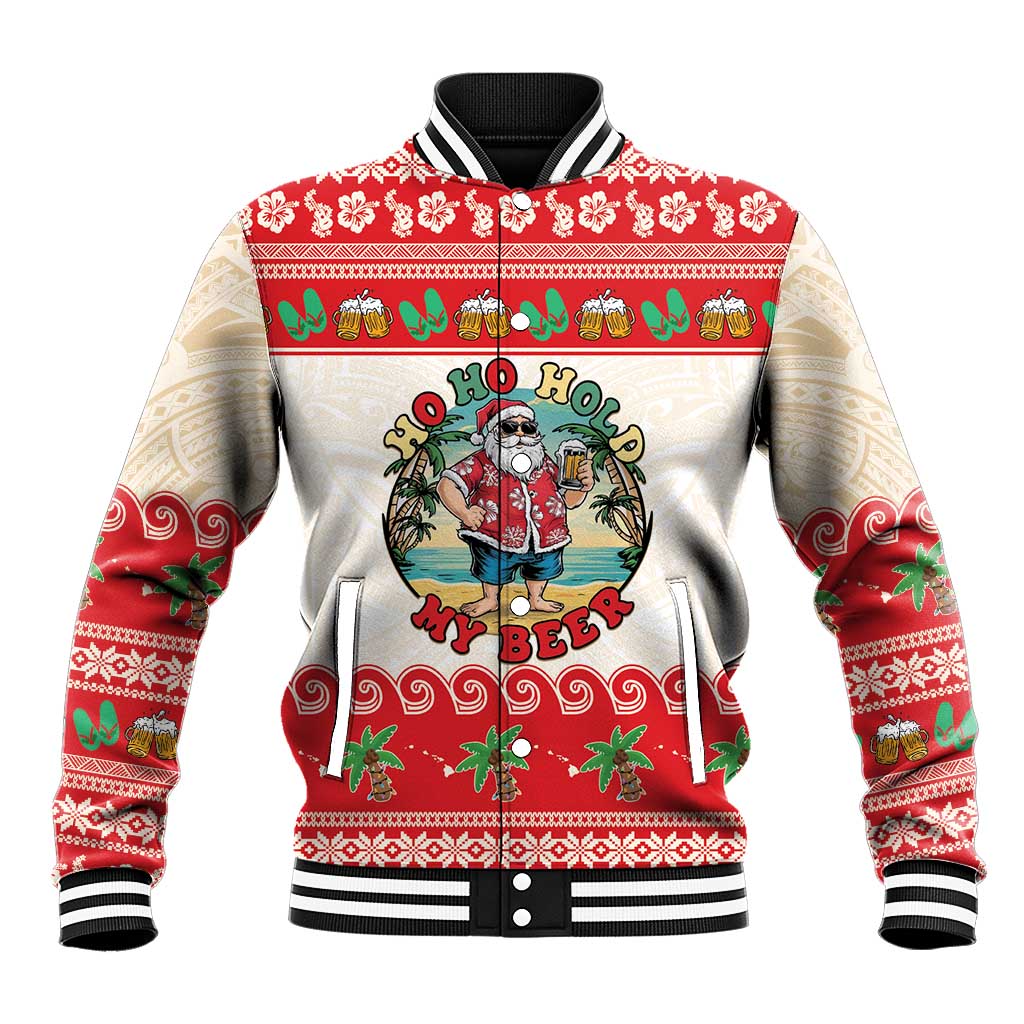 Mele Kalikimaka Hawaii Baseball Jacket Funny Beer-Loving Santa Hawaiian Tropical LT14 Unisex Red - Polynesian Pride