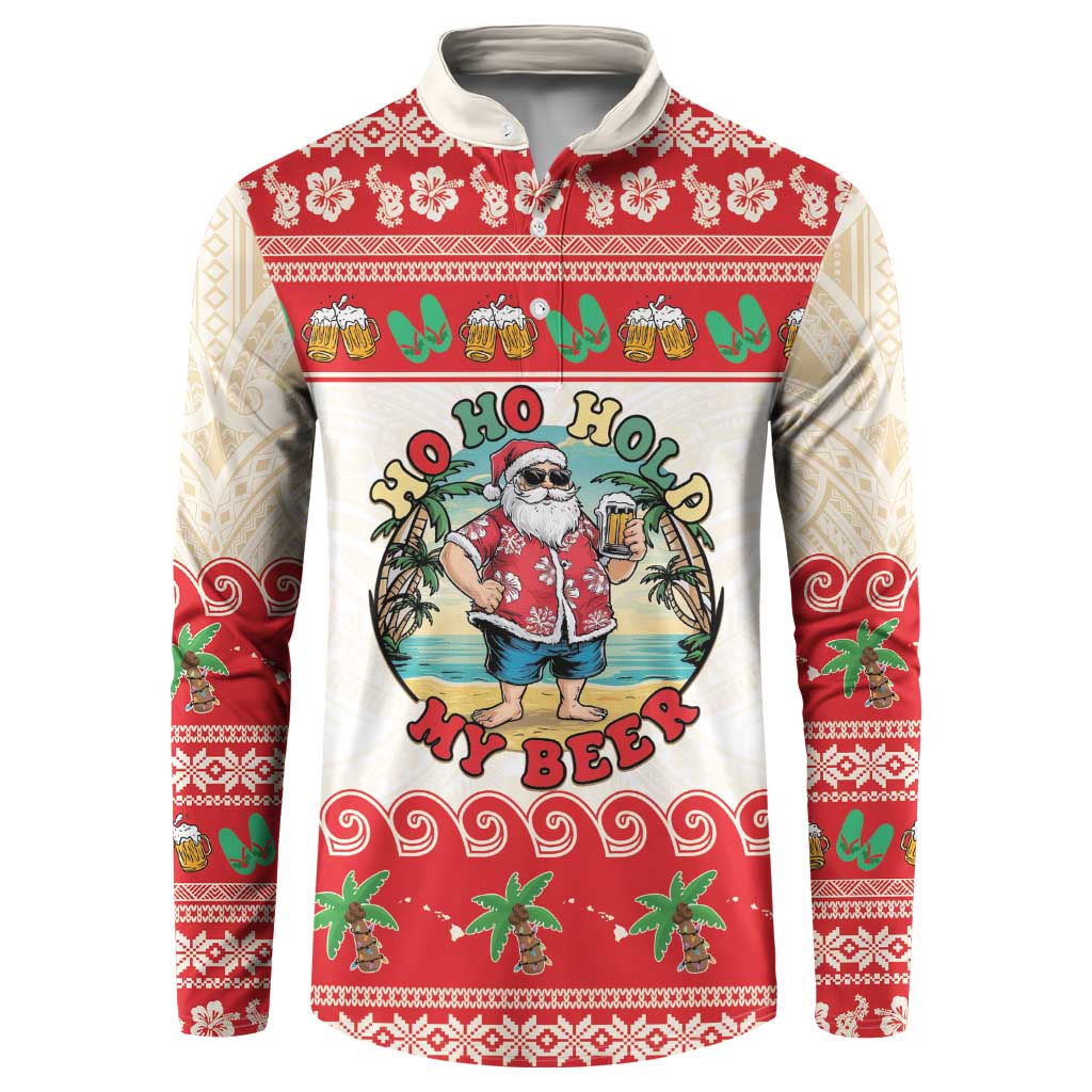 Mele Kalikimaka Hawaii Button Sweatshirt Funny Beer-Loving Santa Hawaiian Tropical LT14 Red - Polynesian Pride
