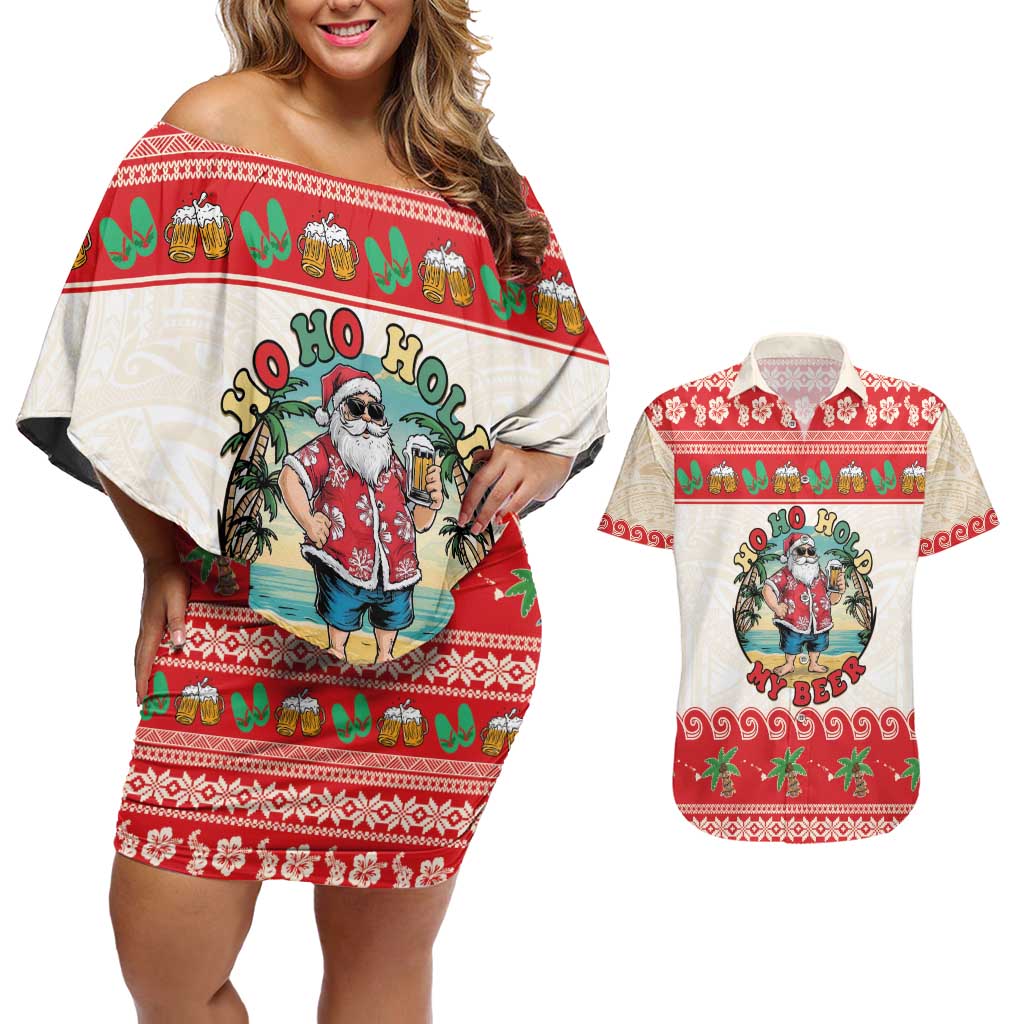 Mele Kalikimaka Hawaii Couples Matching Off Shoulder Short Dress and Hawaiian Shirt Funny Beer-Loving Santa Hawaiian Tropical - Polynesian Pride