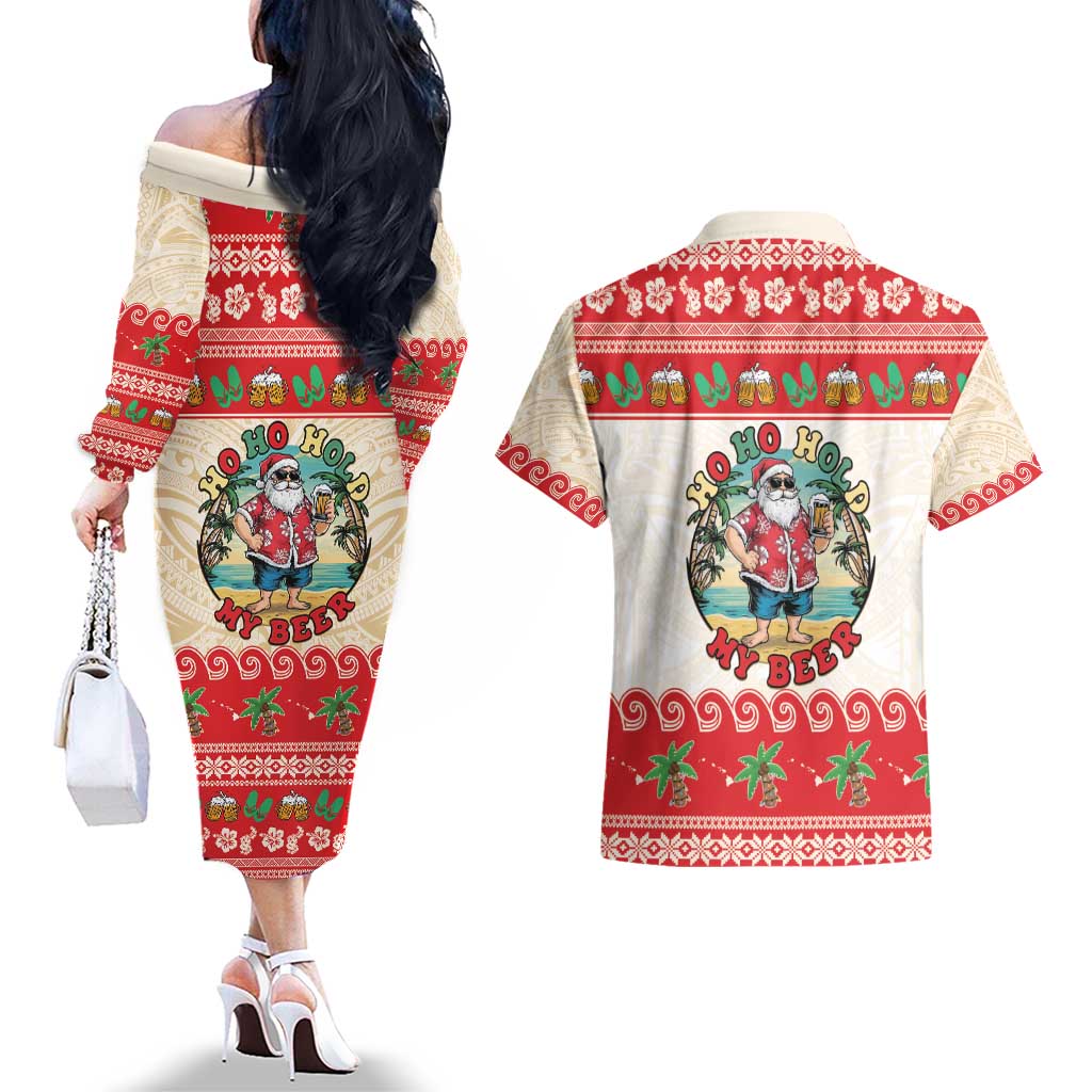 Mele Kalikimaka Hawaii Couples Matching Off The Shoulder Long Sleeve Dress and Hawaiian Shirt Funny Beer-Loving Santa Hawaiian Tropical - Polynesian Pride