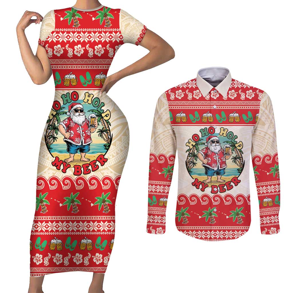 Mele Kalikimaka Hawaii Couples Matching Short Sleeve Bodycon Dress and Long Sleeve Button Shirt Funny Beer-Loving Santa Hawaiian Tropical - Polynesian Pride