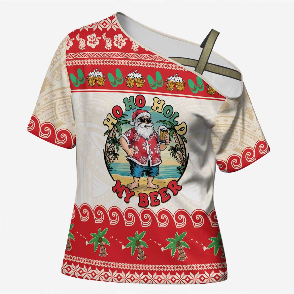 Mele Kalikimaka Hawaii Cross Shoulder Shirt Funny Beer-Loving Santa Hawaiian Tropical LT14 Female Red - Polynesian Pride