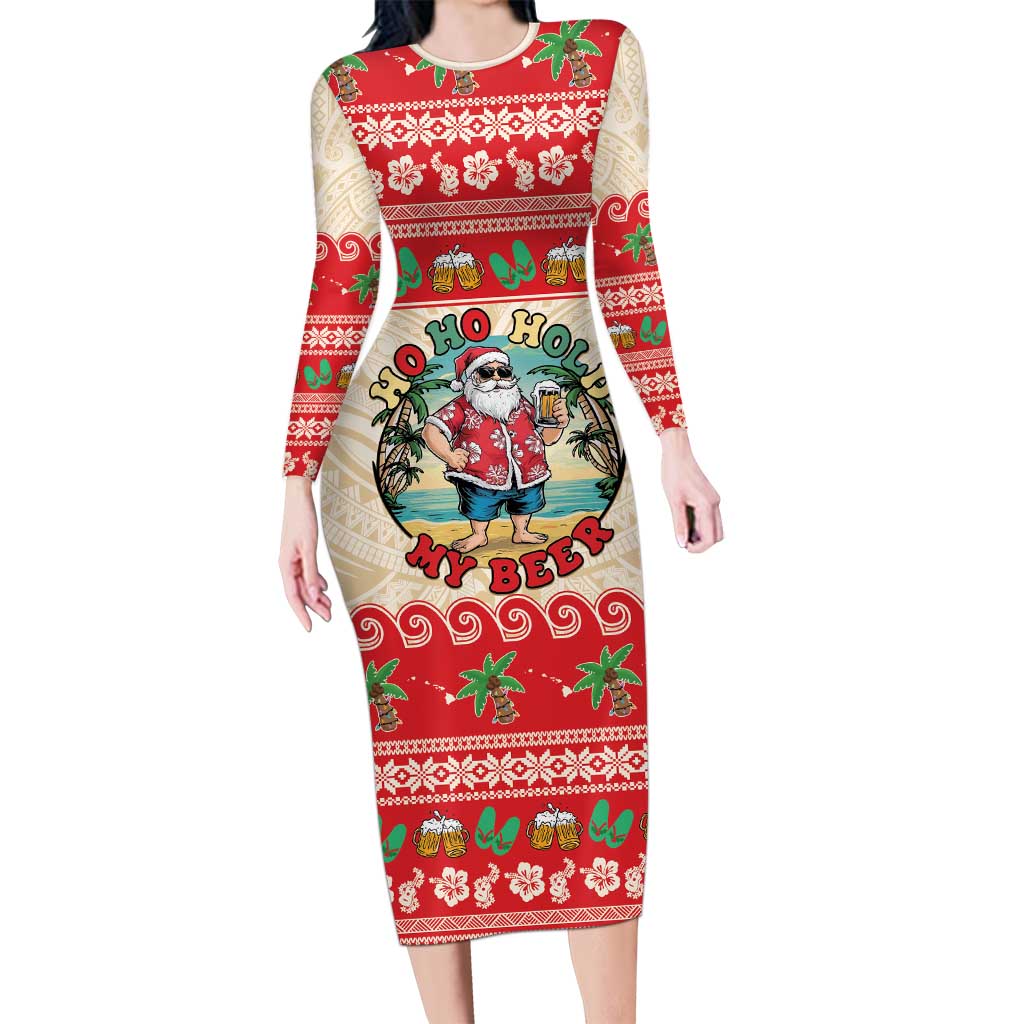 Mele Kalikimaka Hawaii Long Sleeve Bodycon Dress Funny Beer-Loving Santa Hawaiian Tropical - Polynesian Pride