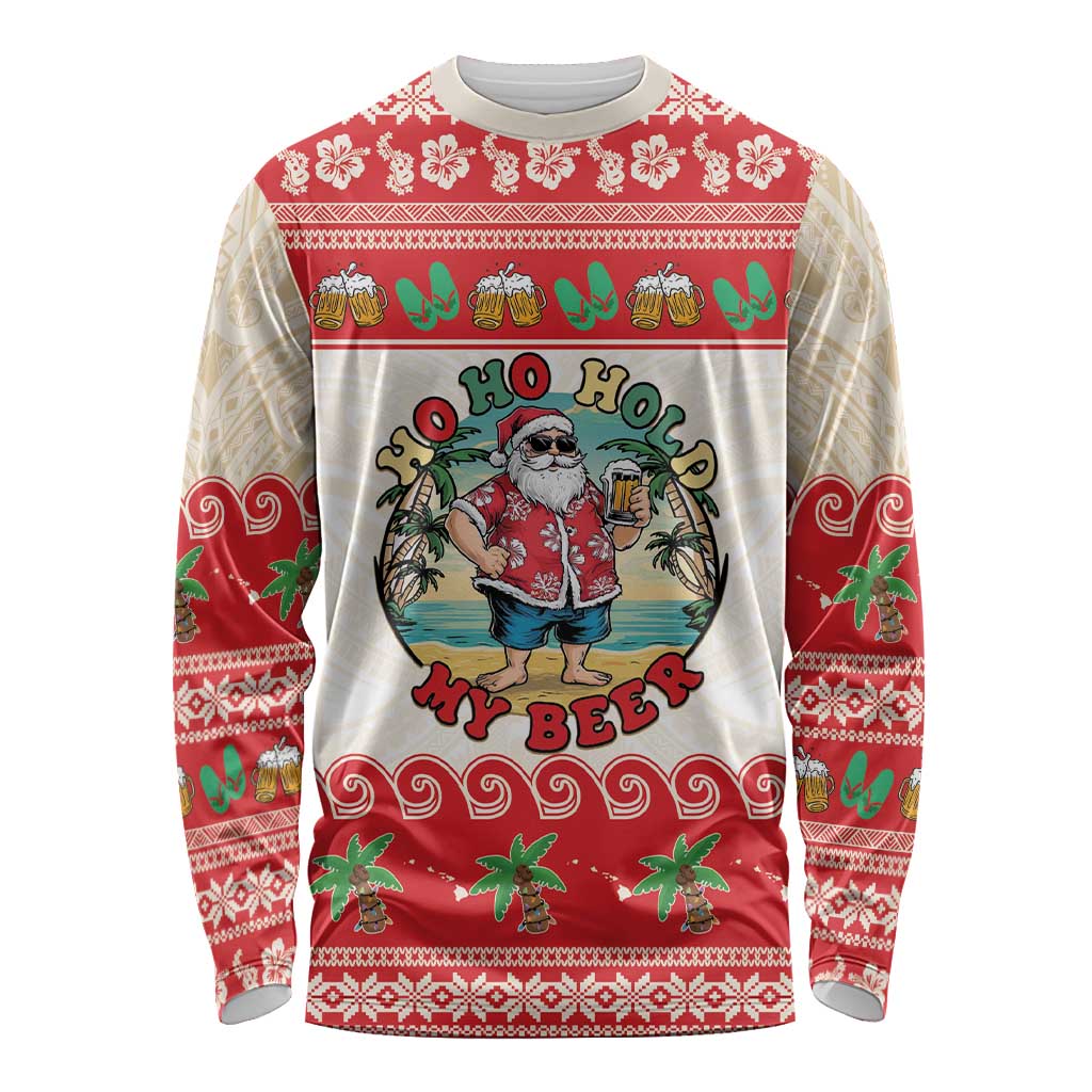 Mele Kalikimaka Hawaii Long Sleeve Shirt Funny Beer-Loving Santa Hawaiian Tropical LT14 Unisex Red - Polynesian Pride