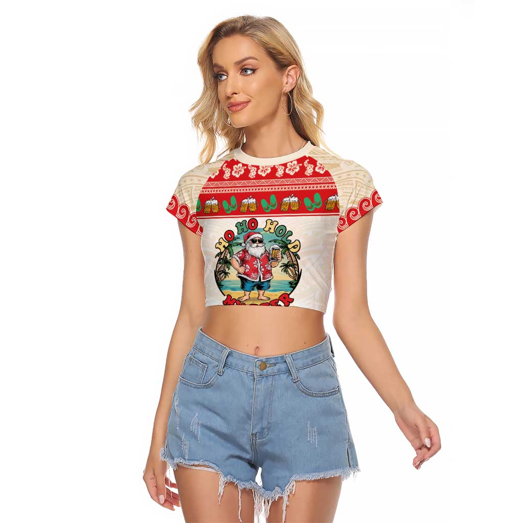 Mele Kalikimaka Hawaii Raglan Cropped T Shirt Funny Beer-Loving Santa Hawaiian Tropical LT14 Female Red - Polynesian Pride