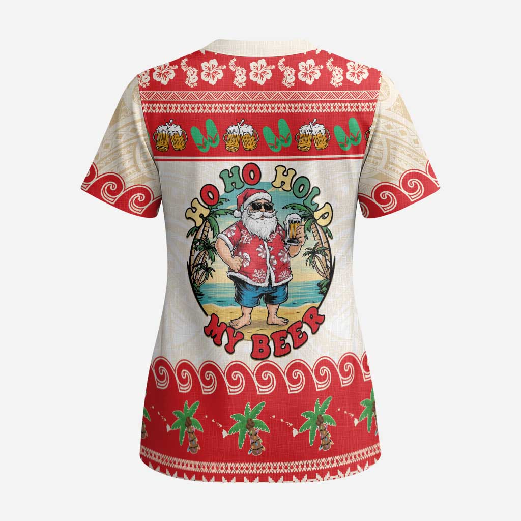 Mele Kalikimaka Hawaii Scrub Top Funny Beer-Loving Santa Hawaiian Tropical LT14 - Polynesian Pride