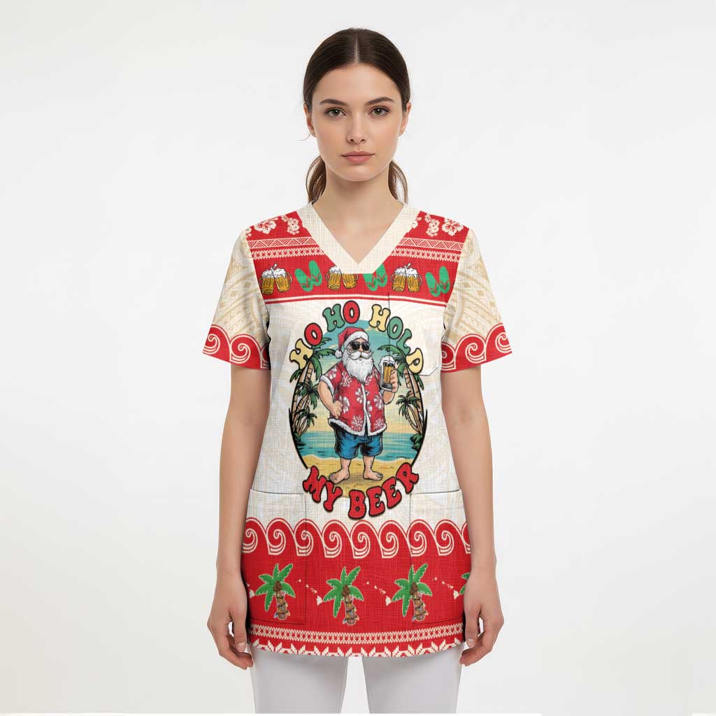 Mele Kalikimaka Hawaii Scrub Top Funny Beer-Loving Santa Hawaiian Tropical LT14 - Polynesian Pride