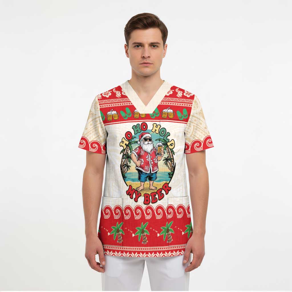 Mele Kalikimaka Hawaii Scrub Top Funny Beer-Loving Santa Hawaiian Tropical LT14 - Polynesian Pride
