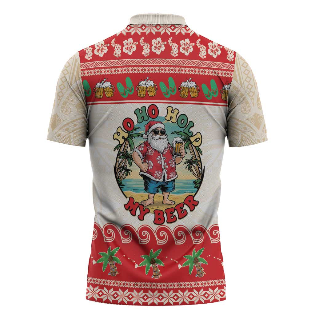 Mele Kalikimaka Hawaii Zipper Polo Shirt Funny Beer-Loving Santa Hawaiian Tropical - Polynesian Pride